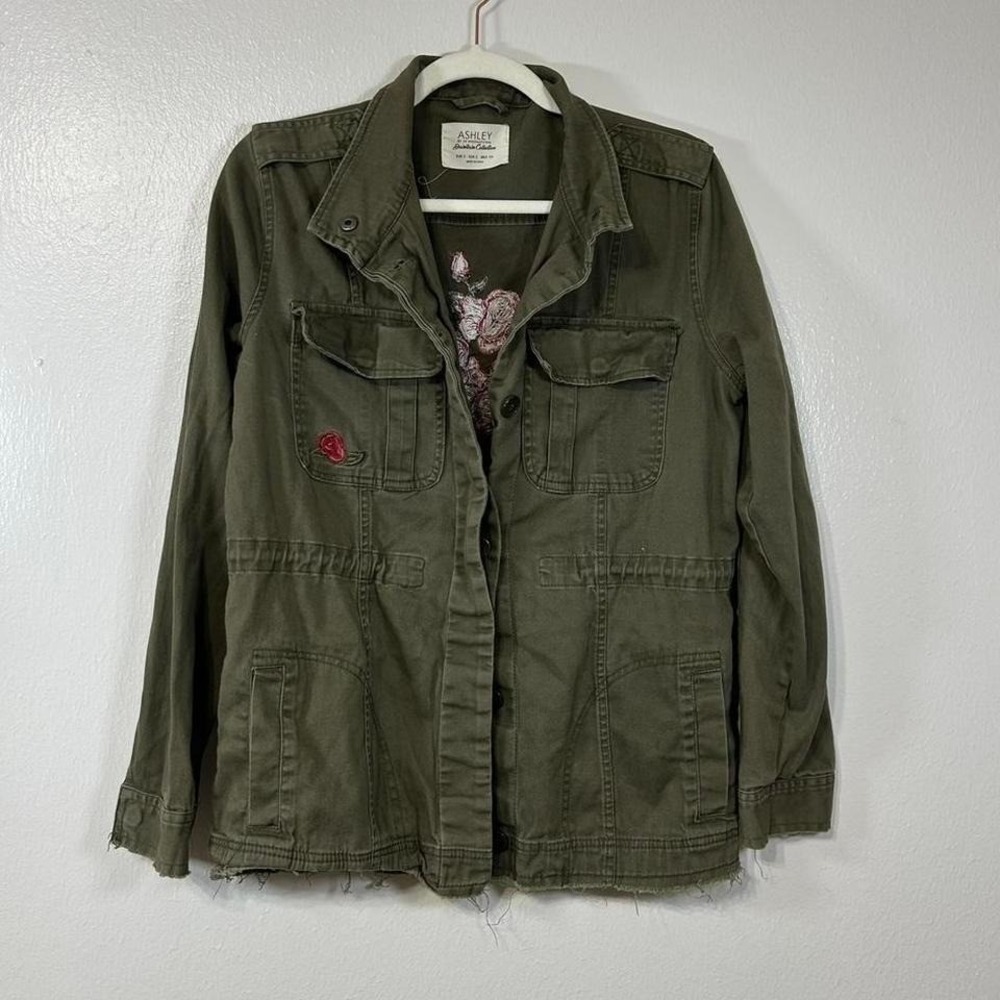 Y2K Military Denim Jacket Floral Oversized Fit Womens S Grunge Downtown Girl‎